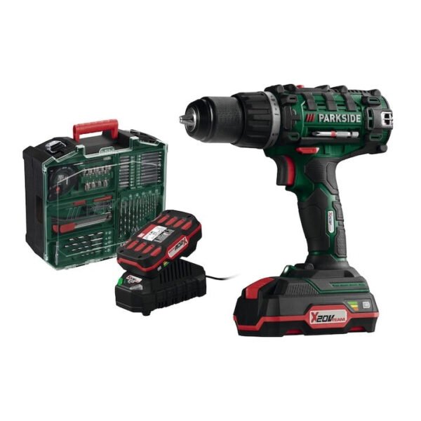 Trapano avvitatore 20 V con 2 batterie, caricabatterie e accessori